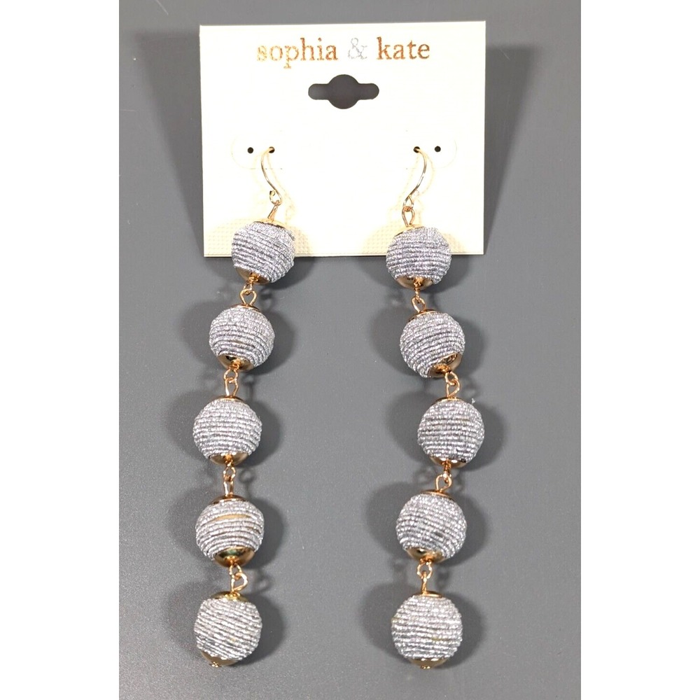 Sophia & Kate Long Stacked Bead Drop Earrings Silver Tone Cord‎ Gold Accents